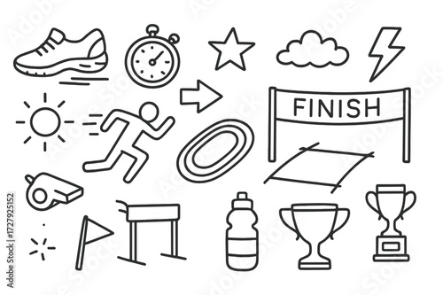 Speed and Agility Icons. Hand-drawn doodle illustration speed and agility running shoe, stopwatch, arrow, lightning bolt, sprinting figure, whistle, finish