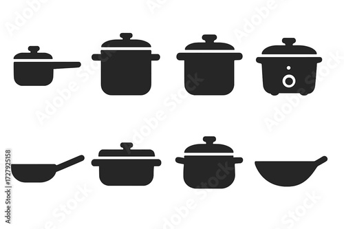 Cooking Pots Icons. Solid, filled icon set of cooking pots: saucepan, stockpot, pressure cooker, slow cooker, frying pan, casserole dish, Dutch oven, wok.