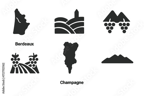 Wine Region Icons. Solid, filled icon set of wine regions: Bordeaux map, Tuscany hills, Napa Valley, Rioja vineyard, Champagne region, Barossa Valley, Douro