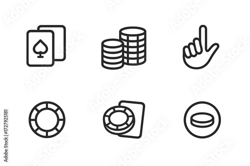 Card Game Icons. Outline icon set of card game betting: playing cards, chip stack, betting chips, dealer hand, player hand, card deck, betting pot, dealer
