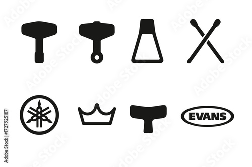 Tuning Key Icons. Solid, filled icon set of tuning key brands: Pearl, DW, Tama, Vic Firth, Yamaha, Remo, Ludwig, Evans. Solid, filled icons in only black