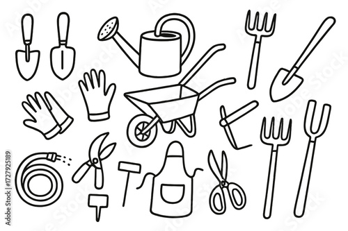 Garden Tools Doodle. Hand-drawn doodle illustration Gardening Tools trowel, spade, watering can, rake, gloves, pruning shears, wheelbarrow, hoe, garden fork,