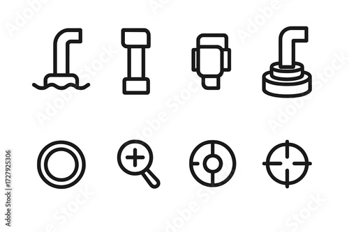 Periscope Icon Set. Outline icon set of periscope: submarine periscope, naval periscope, optical lens, rotating turret, viewing window, zoom control, night