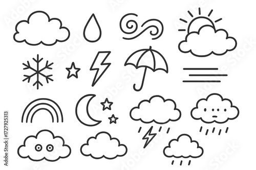 Weather Doodle Icons. Hand-drawn doodle illustration Cloud fluffy cloud, raindrop, lightning bolt, wind swirl, umbrella, sun peeking behind cloud, snowflake,
