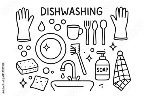 Dishwashing Essentials Doodle. Hand-drawn doodle illustration Dishwashing with rubber gloves gloves, plate, cup, fork, spoon, bubbles, droplet, sponge, dish