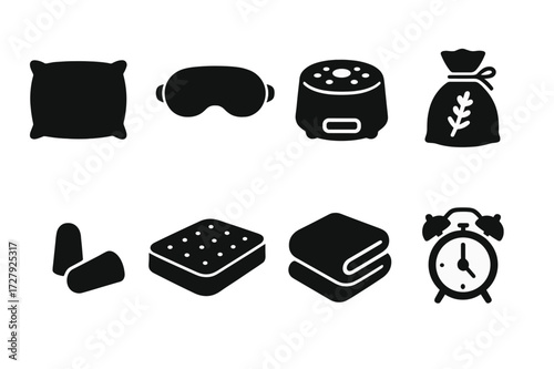 Relief Sleep Aids Icons. Solid, filled icon set of relief sleep aids: pillow, sleep mask, white noise machine, lavender sachet, ear plugs, mattress, blanket,