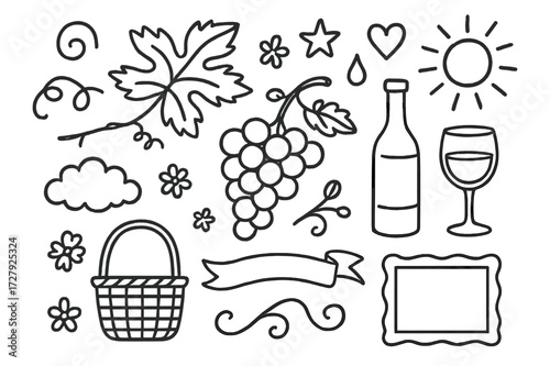 Grapevine Doodle Elements. Hand-drawn doodle illustration Grapevine decor vine leaf, grape cluster, tendril, branch, flower, star, heart, droplet, bottle,