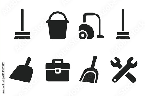 Cleaning Tools Icons. Solid, filled icon set of counter maintenance: mop, bucket, cleaning cloth, vacuum cleaner, broom, dustpan, toolbox, repair tools. Solid,
