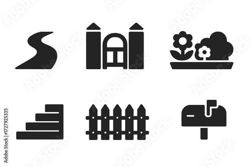 Entrance Icon Set. Solid, filled icon set of entrance landscaping: pathway, gate posts, flower beds, shrubs, steps, fence, mailbox, welcome sign. Solid, filled