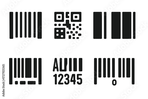 Barcode Icon Set. Solid, filled icon set of barcode formats: vertical bars, square matrix, dots pattern, color bars, numeric code, alphanumeric code, pattern