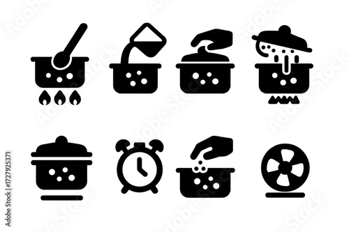 Boiling Cooking Icon Set. Solid, filled icon set of boiling cooking actions: stirring, pouring, lifting lid, draining, heating, timing, seasoning, cooling.