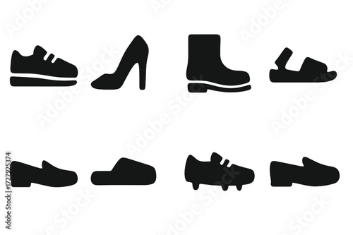 Footwear Icon Grid. Solid, filled icon set of footwear: sneakers, high heels, boots, sandals, loafers, slippers, cleats, moccasins. Solid, filled icons in only