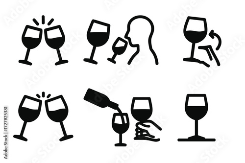 Wine Glass Gestures. Solid, filled icon set of wine glass gestures: cheers, toast, sipping, swirling, clinking, pouring, holding, resting. Line icons in only