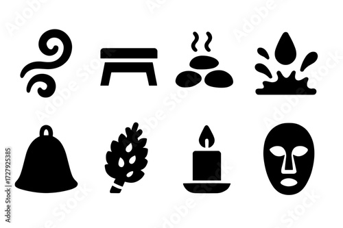 Bathhouse Icon Set. Solid, filled icon set of bathhouse atmosphere: steam swirl, wooden bench, hot stones, water splash, sauna hat, birch twigs, candle, spirit
