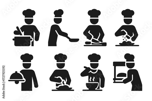 Chef Cooking Icons. Solid, filled icon set of chef cooking actions: stirring pot, flipping pan, chopping vegetables, seasoning dish, holding tray, tasting