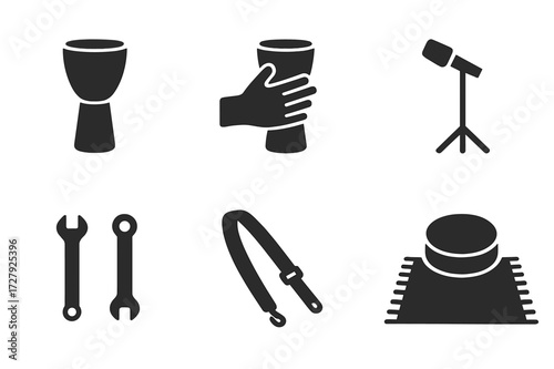 Djembe Setup Icons. Solid, filled icon set of djembe setup: floor placement, hand-held, drum stand, microphone setup, tuning tools, carrying strap, drum rug,
