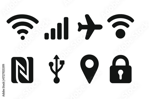 Phone Connectivity Icons. Solid, filled icon set of phone connectivity: Wi-Fi, cellular network, airplane mode, hotspot, NFC, USB, GPS, VPN. [Solid, filled