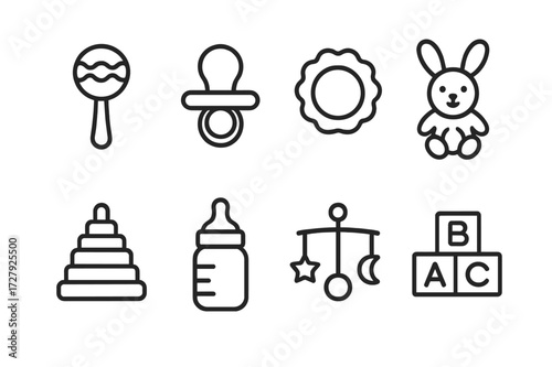 Baby Toys Icons. Outline icon set of baby toys: rattle, pacifier, teething ring, stuffed animal, stacking rings, baby bottle, crib mobile, toy blocks. Line