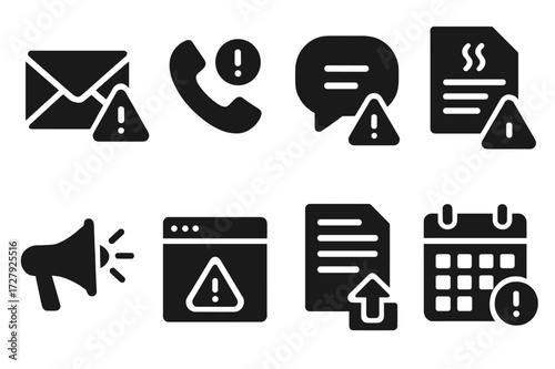 Liquidation Notification Icons. Solid, filled icon set of liquidation notifications: email alert, phone call, SMS message, official letter, public