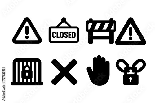 Maintenance Sign Icons. Solid, filled icon set of closed for maintenance: caution sign, closed sign, barricade, warning triangle, locked gate, crossed lines,
