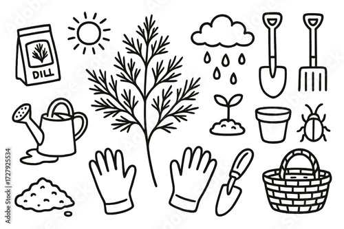 Dill Garden Tools Doodle. Hand-drawn doodle illustration dill garden dill sprig, soil, watering can, shovel, rake, seed packet, sun, cloud, raindrop, sprout,