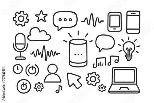 Voice Assistant Icons. Hand-drawn doodle illustration Voice assistant design smart speaker, microphone, waveform, speech bubble, tablet, smartphone, gear,