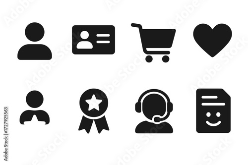 Customer Profile Icons. Solid, filled icon set of customer profiles: user avatar, contact card, shopping cart, wishlist, review star, loyalty badge, customer