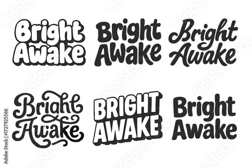 Playful Letter Style Grid. Bright Awake. Set lettering. harmonious lettering variations of the same emblematic concept (Rounded bubble playful style, Funky