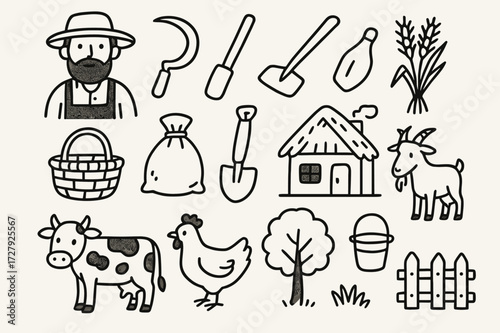 Peasant Farmer Icons. Hand-drawn doodle illustration peasantry farmer, sickle, hoe, plow, wheat bundle, basket, sack, shovel, cottage, cow, chicken, goat,