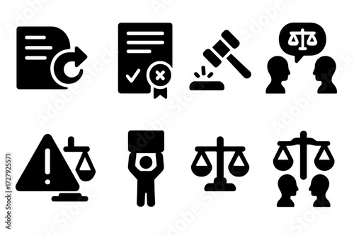 Regulatory Challenge Icons. Solid, filled icon set of regulatory challenges: loophole, violation, penalty, dispute, risk, warning, protest, legal battle.