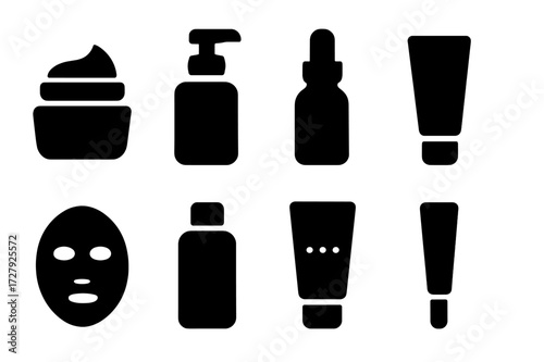 Skincare Icons Grid. Solid, filled icon set of skincare items: moisturizer, cleanser, serum, sunscreen, face mask, toner, exfoliator, eye cream. Solid, filled