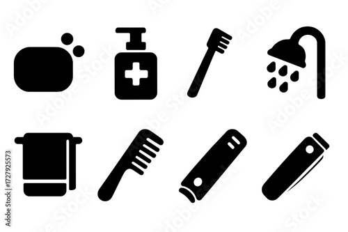 Hygiene Icons Grid. Solid, filled icon set of hygiene: soap bar, hand sanitizer, toothbrush, toothpaste, showerhead, towel, comb, nail clipper. Solid, filled