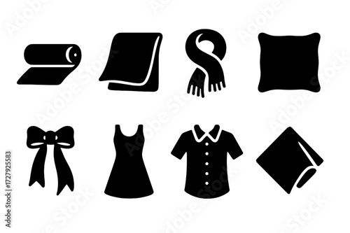 Silk Fabric Icons. Solid, filled icon set of silk fabric: silk roll, silk sheet, silk scarf, silk pillowcase, silk ribbon, silk dress, silk shirt, silk