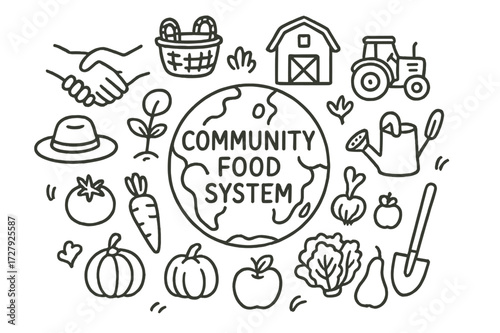 Community Food System Elements. Hand-drawn doodle illustration Community food system globe, handshake, basket, barn, tractor, farmer hat, sprout, watering can,