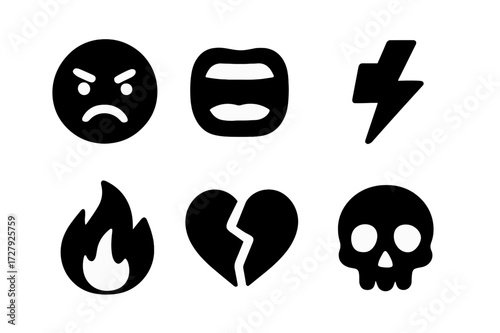 Rivalry Emotion Icons. Solid, filled icon set of rivalry emotions: angry face, shouting mouth, clenched fist, lightning bolt, flame, broken heart, tear, skull.
