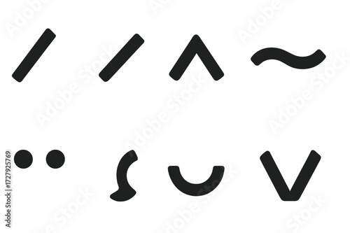 Accent Mark Icons. Solid, filled icon set of accent marks: acute, grave, circumflex, tilde, umlaut, cedilla, breve, caron. Solid, filled icons in only black