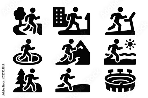 Running Environment Icons. Solid, filled icon set of running environment: park trail, city street, treadmill, track field, mountain trail, beach run, forest