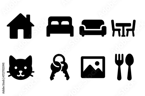 Couple's Household Icons. Solid, filled icon set of couple household items: home, shared bed, couch, dining table, pet, shared keys, photo frame, kitchen