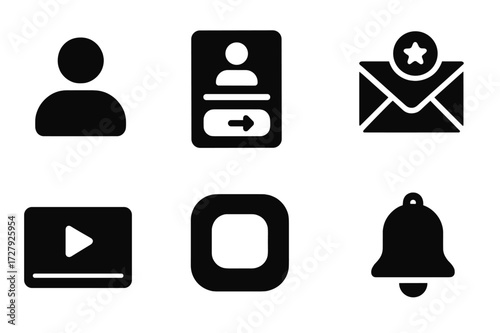 Digital Onboarding Icons. Solid, filled icon set of digital introductions: user profile, login screen, onboarding checklist, welcome email, tutorial video,