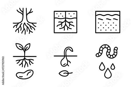 Nature Roots Icon Set. Outline icon set of roots in nature: tree roots, underground network, soil layers, plant stem, seed, sprout, earthworm, water droplets.