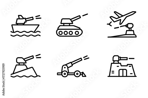 Railgun Battlefield Icons. Outline icon set of railgun battlefield scenarios: naval engagement, ground assault, air defense, space battle, coastal defense,