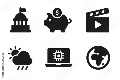 Headline Icon Set. Solid, filled icon set of headline topics: politics, economy, sports, weather, entertainment, technology, health, international news. [Line