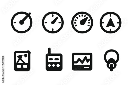 Flight Instrument Icons. Solid, filled icon set of glider flight instruments: variometer, altimeter, airspeed indicator, compass, GPS device, radio, flight