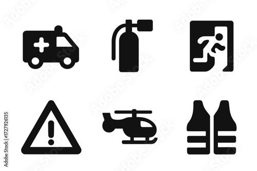 Emergency Help Icons. Solid, filled icon set of emergency help: ambulance, fire extinguisher, emergency exit, warning triangle, rescue helicopter, emergency