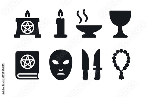 Ritual Objects Icons. Solid, filled icon set of ritual objects: altar, candle, incense, chalice, book of spells, mask, ceremonial knife, prayer beads. Solid,
