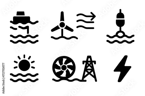Wave Energy Icons. Solid, filled icon set of wave energy: wave power plant, tidal turbine, ocean current, wave generator, renewable energy, water turbine,