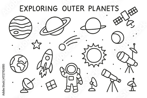 Outer Planets Doodle. Hand-drawn doodle illustration Exploring outer planets jupiter, saturn rings, uranus, neptune, star, comet, orbit line, satellite,
