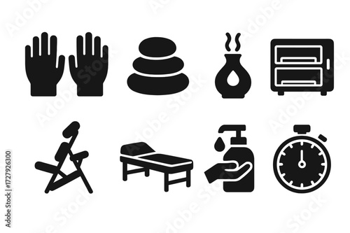 Massage Therapy Icons. Solid, filled icon set of massage therapist tools: gloves, massage stones, essential oil diffuser, towel warmer, massage chair, spa bed,