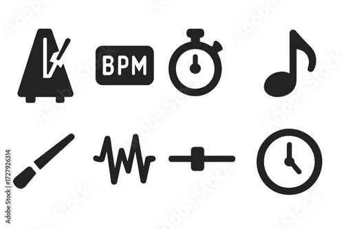 Tempo Icon Grid. Solid, filled icon set of tempo concepts: metronome, BPM counter, stopwatch, music note, conductor baton, rhythm wave, tempo slider, clock.