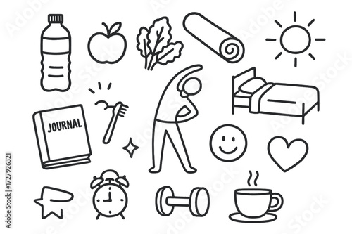 Daily Wellness Icons. Hand-drawn doodle illustration Daily wellness routine water bottle, apple, leafy greens, yoga mat, dumbbell, sun, bed, journal, clock,